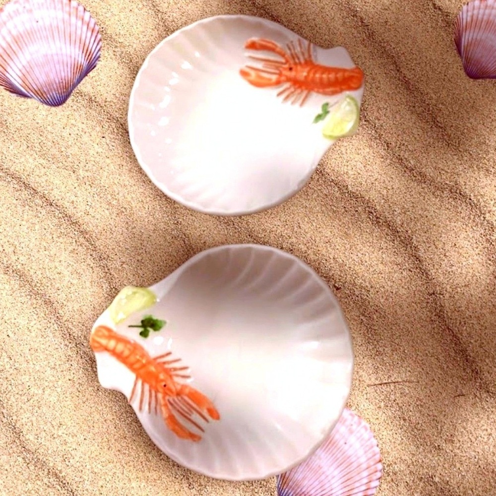 Vintage Italian Ceramic Seashell 3D Lobster Seafood Motif Small Scalloped Dishes